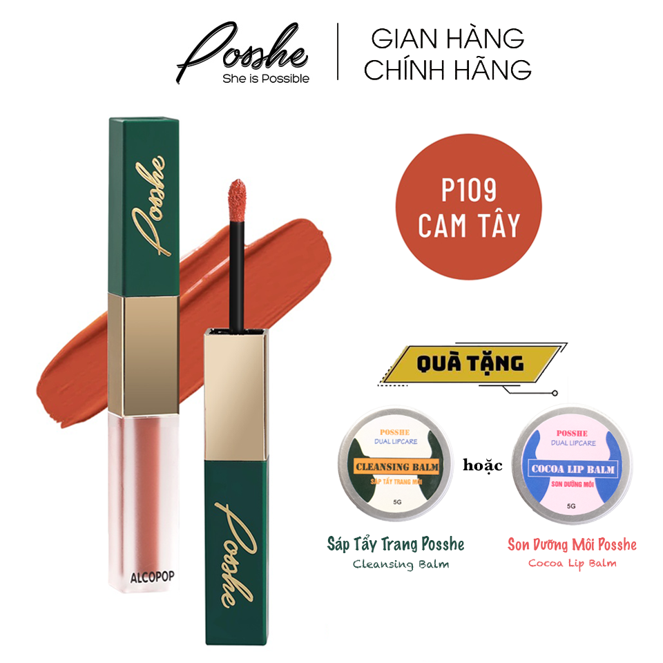 Son kem 2 đầu posshe siêu lì không trôi màu p109 - cam tây - mua 2 cây tặng combo son dưỡng + sáp tẩy trang