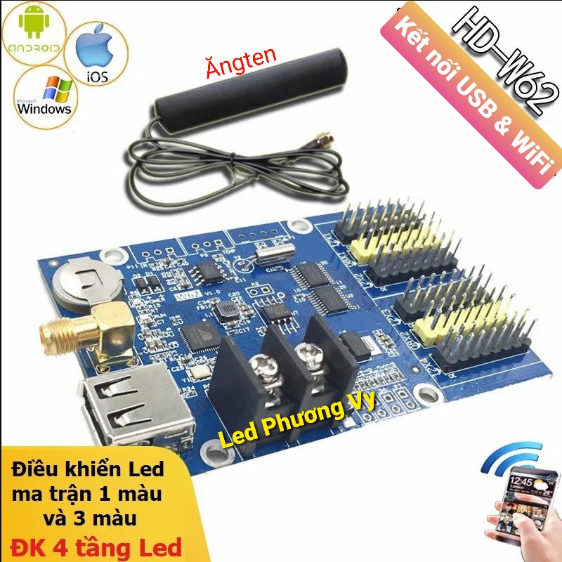 Card điều khiển led ma trận wifi hd w62 - điều khiển 4 tầng led module led 1 màu, 3 màu