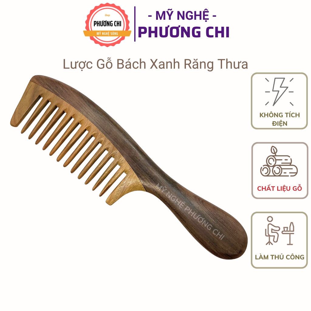 Lược gỗ răng thưa chải tóc rối, xoắn dài 19,5cm, lược chải tóc gỡ rối massage đầu | mỹ nghệ phương chi