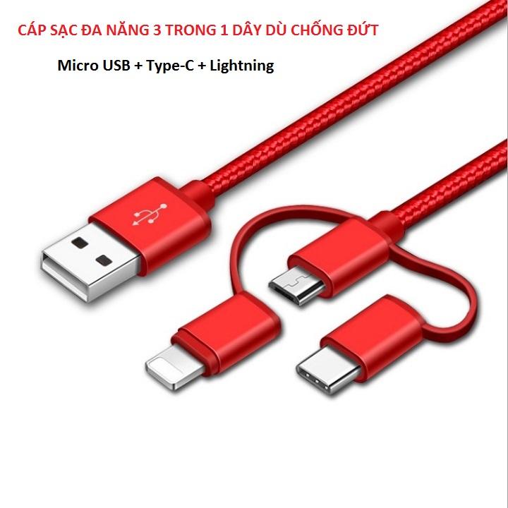 Cáp sạc đa năng 3 in 1 bọc dù chống đứt, dòng sạc 2A