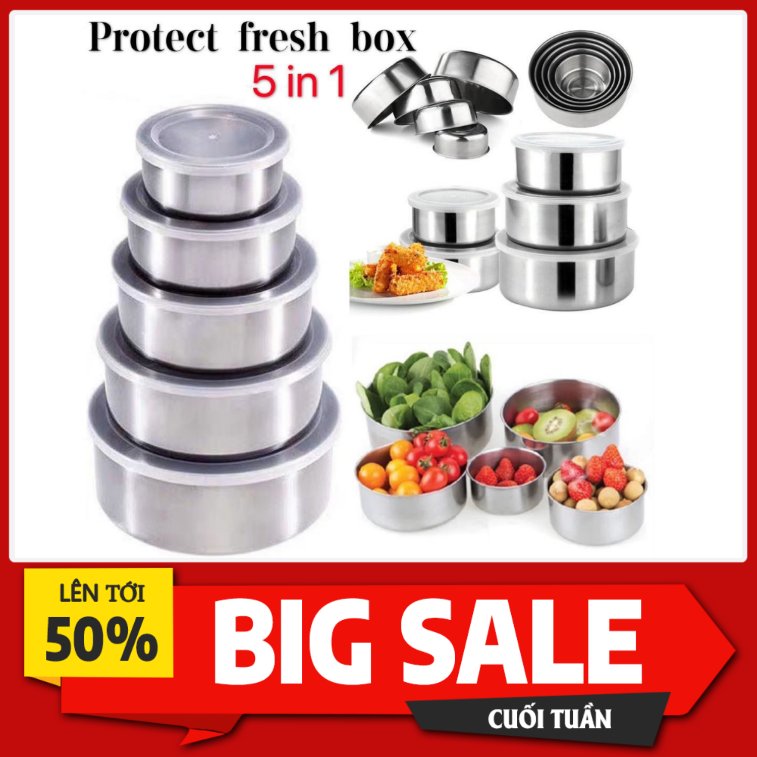 Thố Đựng Thực Phẩm Chất Liệu Inox 5 SET có nắp đậy tiện dụng GIÁ SIÊU HẤP DẪN