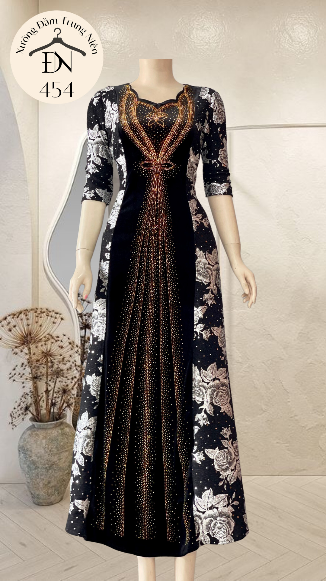 Đầm dạ hội trung niên chất nhũ kim sa phối nhung co giãn tốt, đính đá cao cấp cho mẹ dự tiệc sang trọng bigsize 80kg DN27