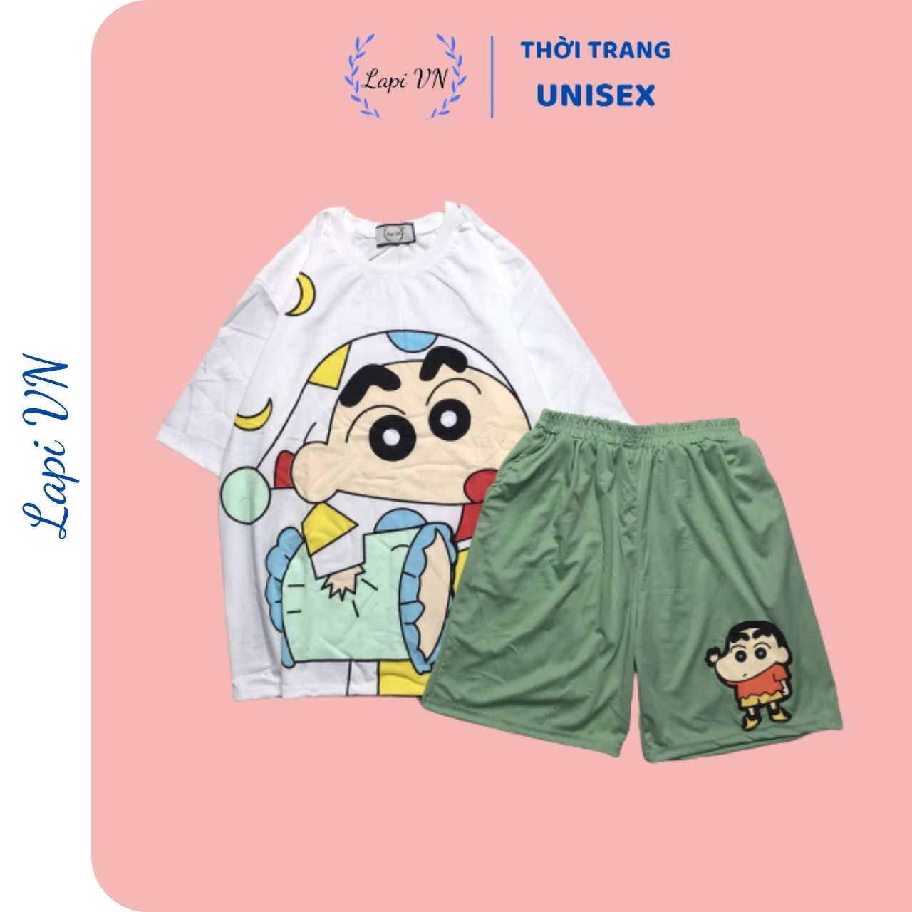 [Quà tặng +Freeship lapivn] [HCM]Set Đồ Bộ Cu Shin cartoon 3D Cute -Lapi VN Áo+ Quần Đùi Vải Thun Cotton Thoáng Mát Freesize Tay Lỡ Phom Rộng