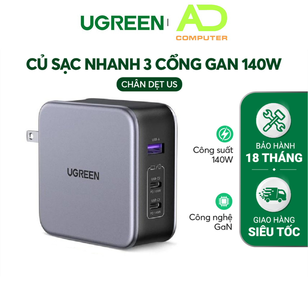 Củ sạc máy tính/ điện thoại, sạc nhanh UGREEN 140W CD289 Nexode|GaN|3 cổng USB PD 3.1 QC 4.0 3.0