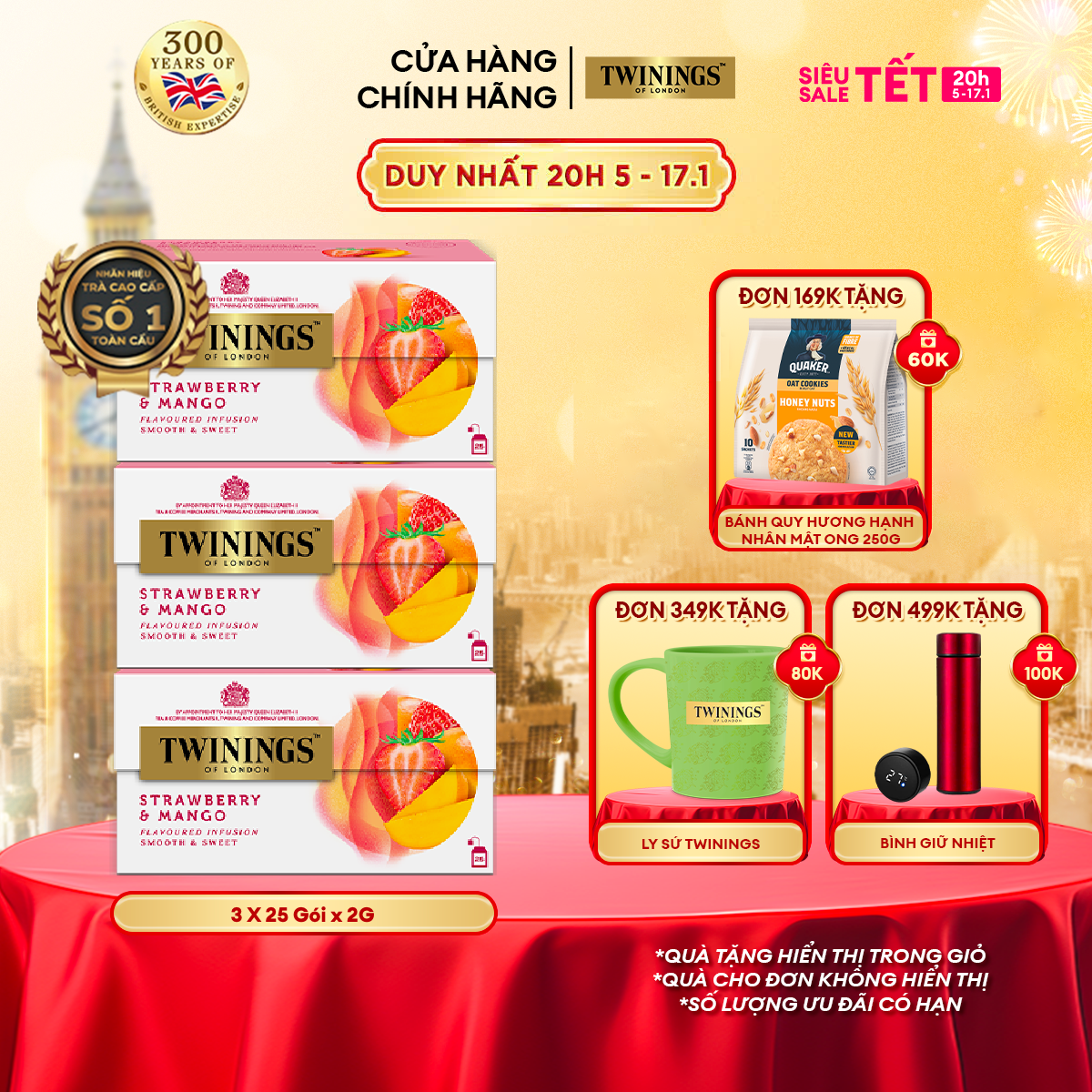 Combo 3 Trà Túi Lọc Dâu tây và Xoài Twinings Strawberry Mango - Hộp 25 Gói 2G