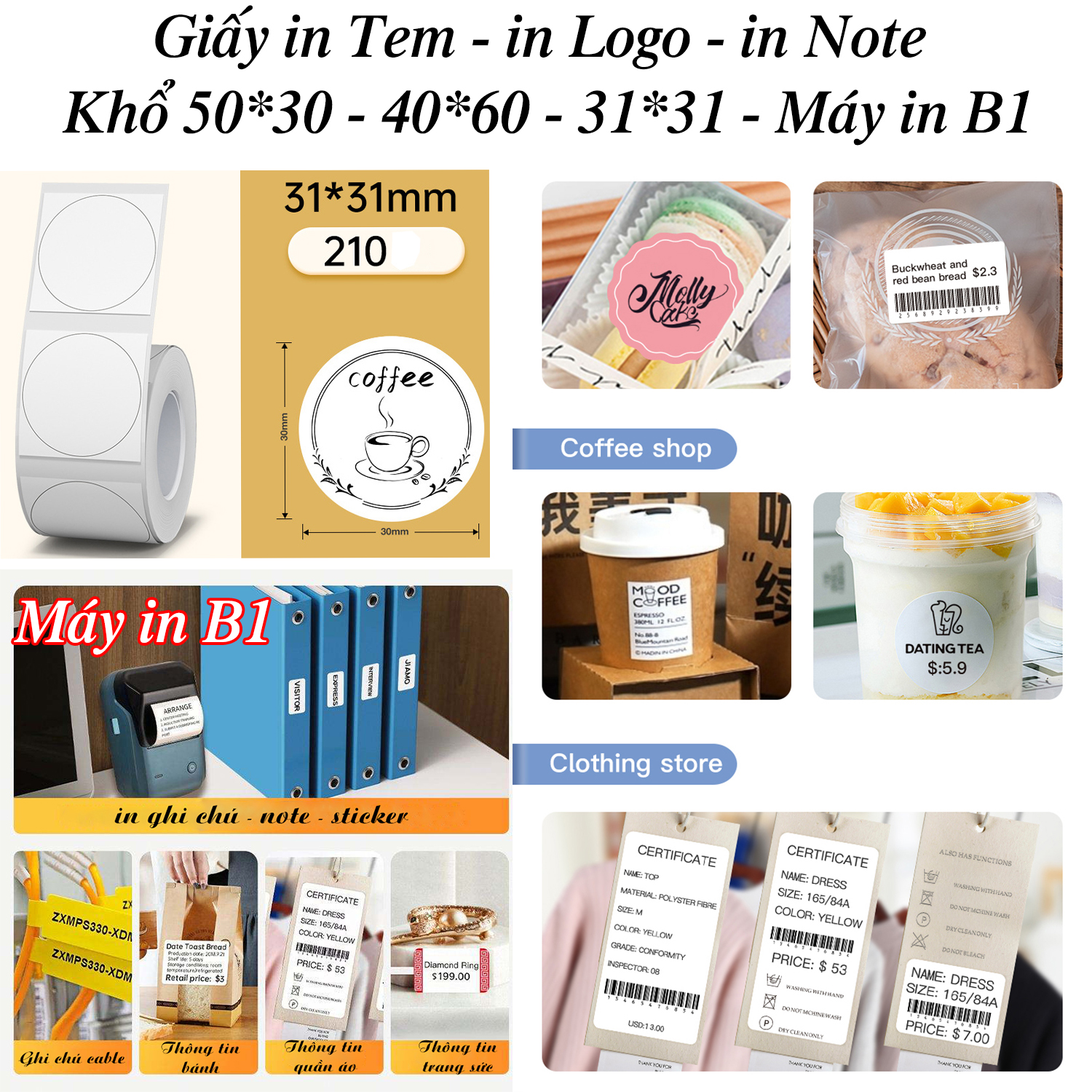 Giấy in nhiệt, in tem dán, in logo, in ghi chú note, in sticker, in giá-mã sản phẩm-barcode-tem trong suốt cho máy in B1