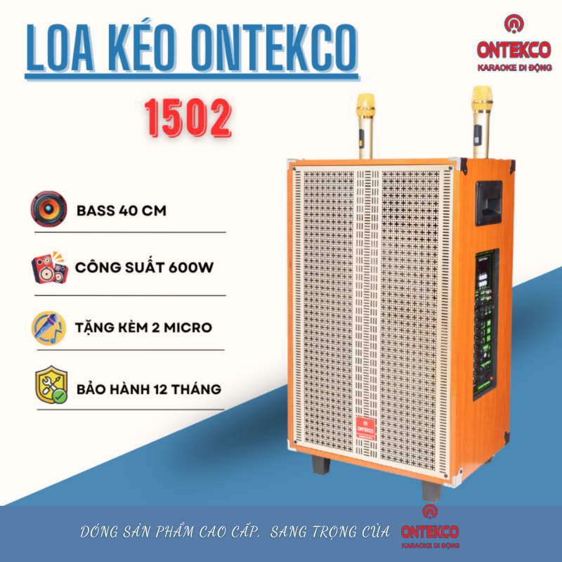 Loa kéo gỗ Ontekco 1502/ 1202/ 8002 Bass 40- 30- 20 kèm 2 micro không dây chuyên nghiệp, Công suất lớn