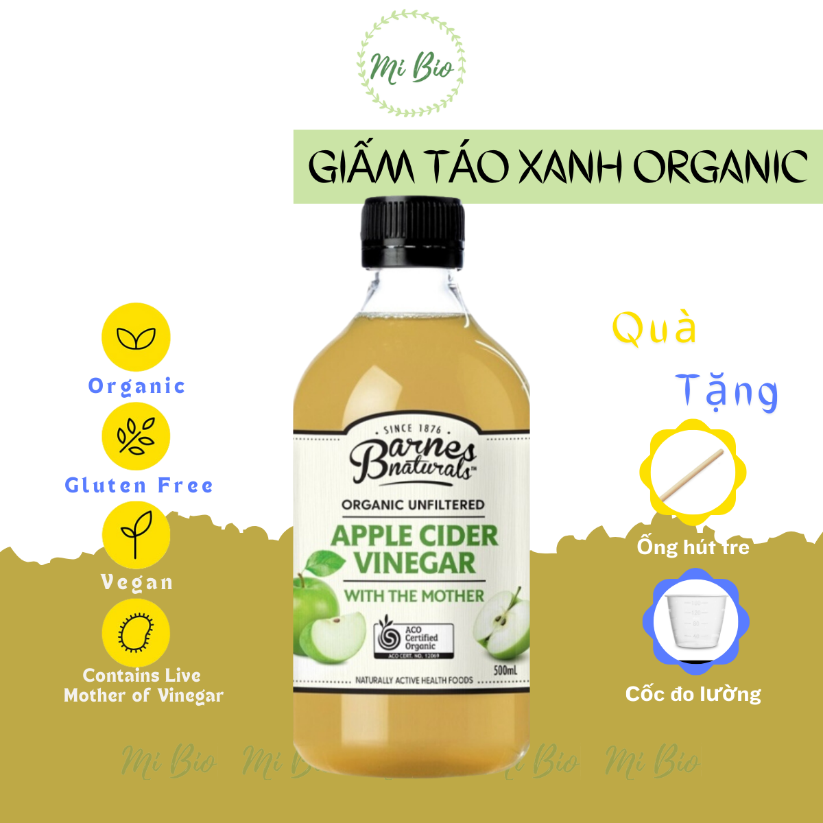 Giấm táo hữu cơ nguyên chất chai 500ml Barnes Naturals - Organic Apple Cider Vinegar