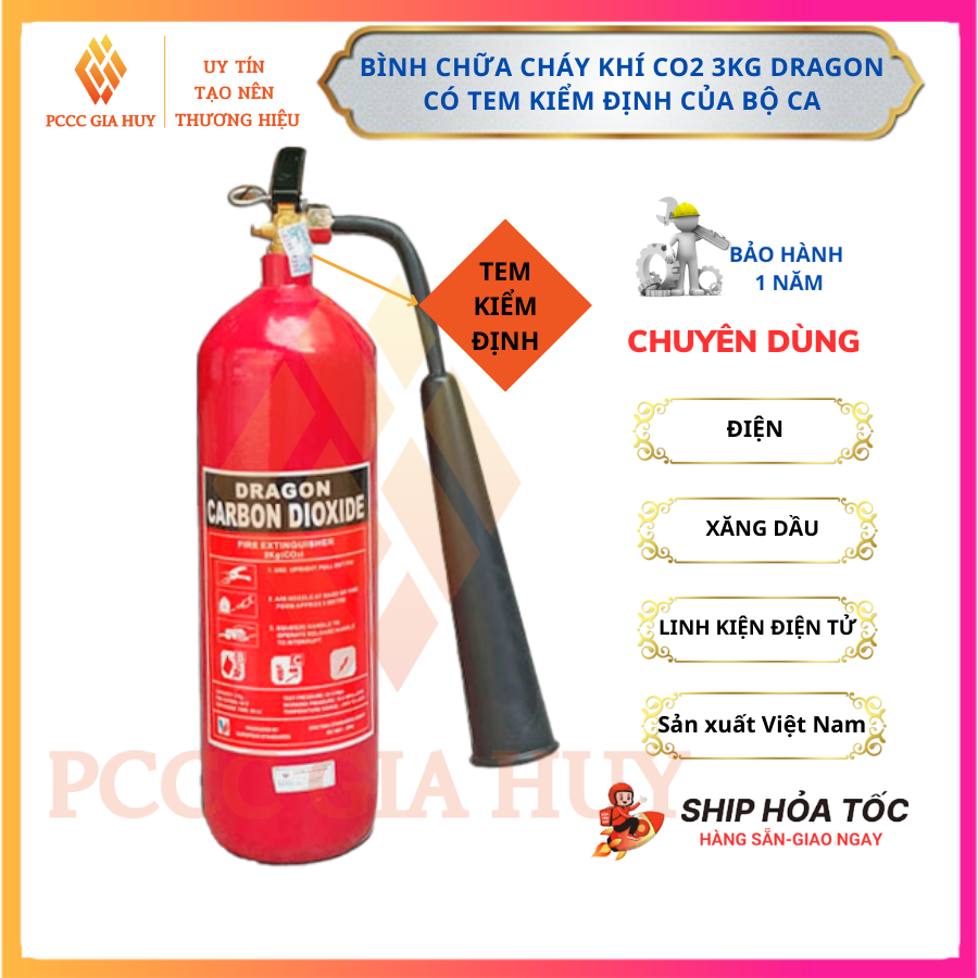 Bình chữa cháy khí co2, bình cứu hoả có tem kiểm định của bộ ca chính hãng dragon - pccc gia huy