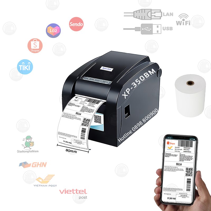Máy in nhiệt khổ A7, in đơn hàng TMDT tem vận chuyển  Xprinter 350BM ( USB + LAN) in từ máy tính và điện thoại android ios