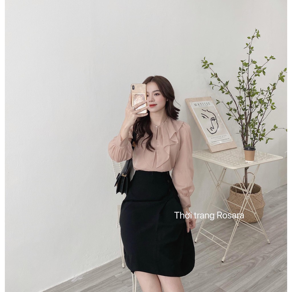 Áo sơ mi tơ cổ bèo cách điệu thời trang công sở Rosara Am11