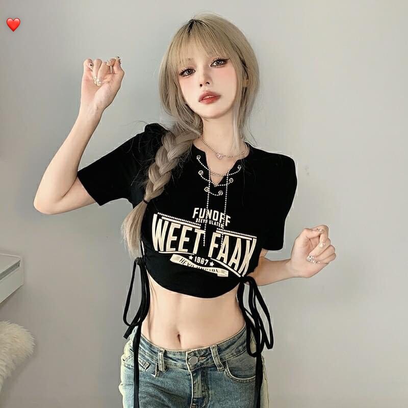 Áo croptop in chữ rút dây cá tính chất porip đẹp