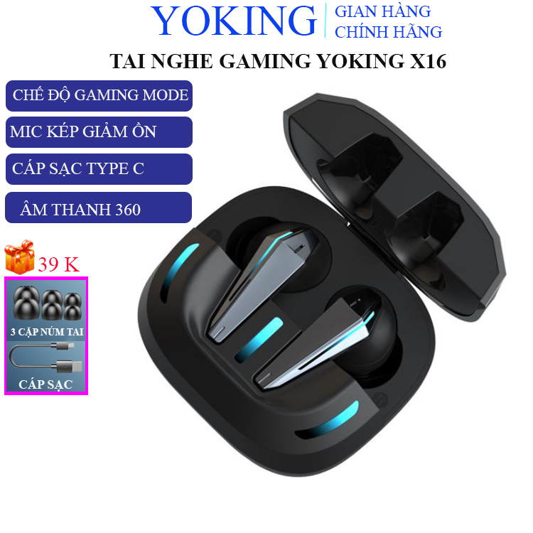 Tai nghe bluetooth gaming Yoking X16, tai phone không dây nghe nhạc chơi game chống ồn pin trâu mic kép có chế độ chơi game phiên bản màu đen