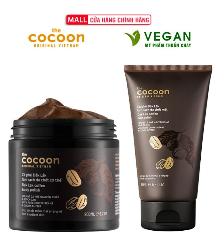 Bộ cà phê Đắk Lắk làm sạch da chết cocoon: tẩy da chết mặt 150ml + tẩy da cơ thể 200ml