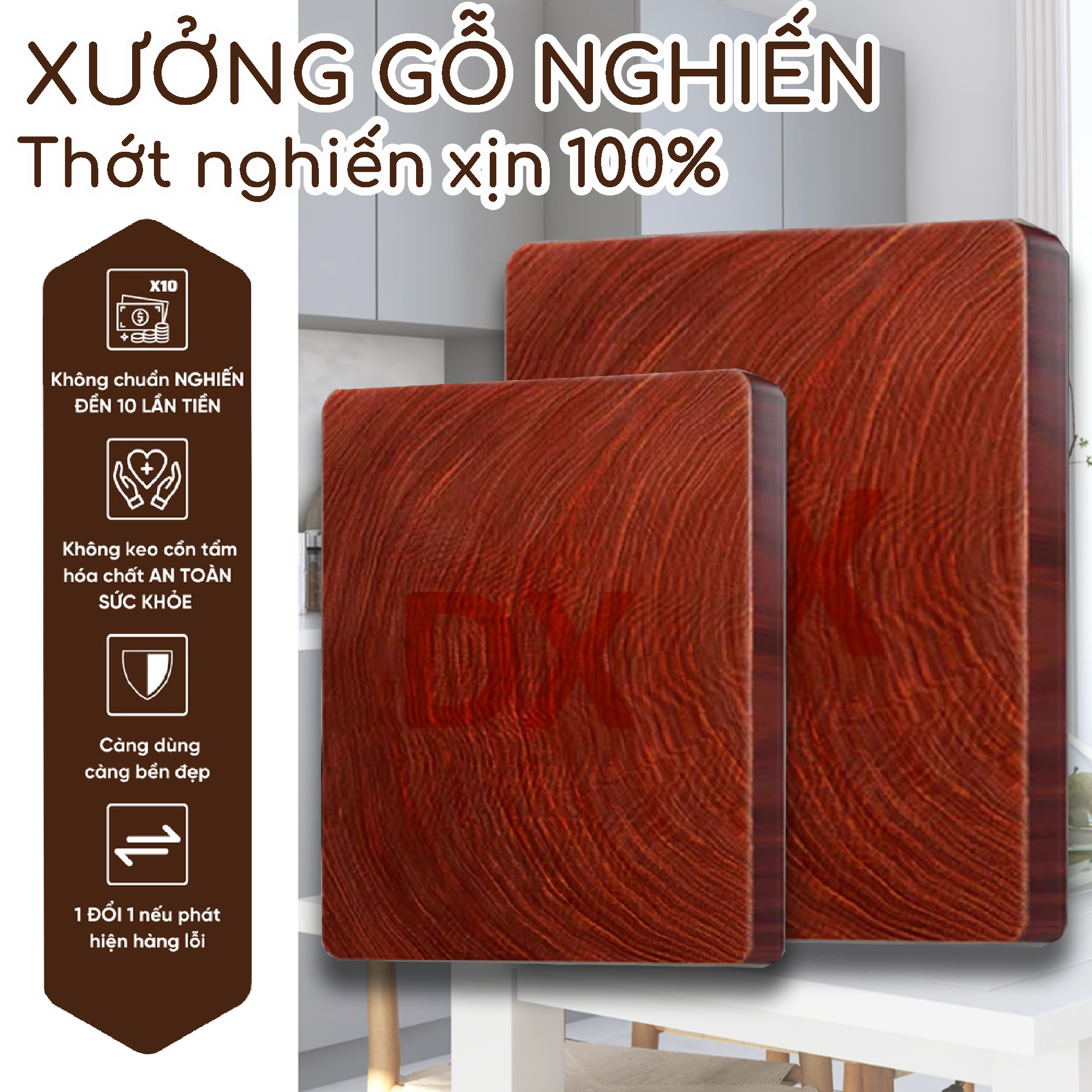 Thớt gỗ nghiến Tây Bắc hình chữ nhật 30x35 dày 6cm để băm chặt, làm nhà hàng quán ăn. Cam kết không nứt, không mủn, đổ nảy cao gỗ nghiến đá tây bắc