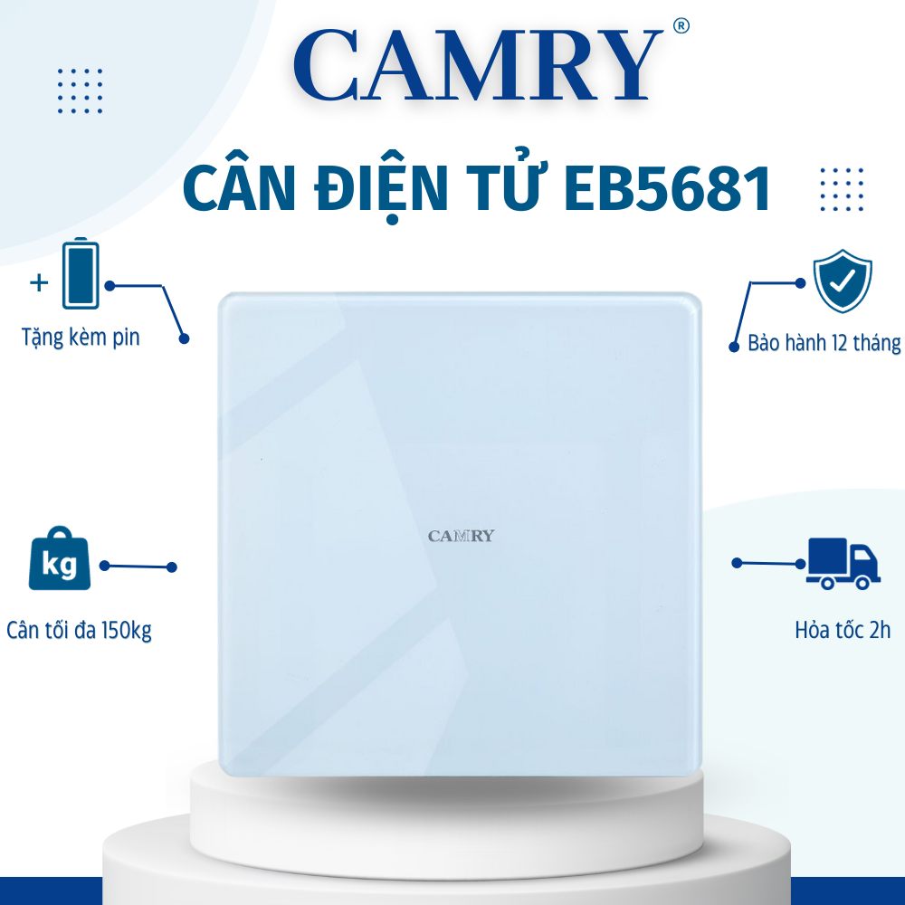 Cân điện tử Camry EB5681, trọng tải tối đa 150kg - Mặt kính cường lực chống va đập tốt - Thiết kế sang trọng, hiện đại - Bảo hành 12 tháng