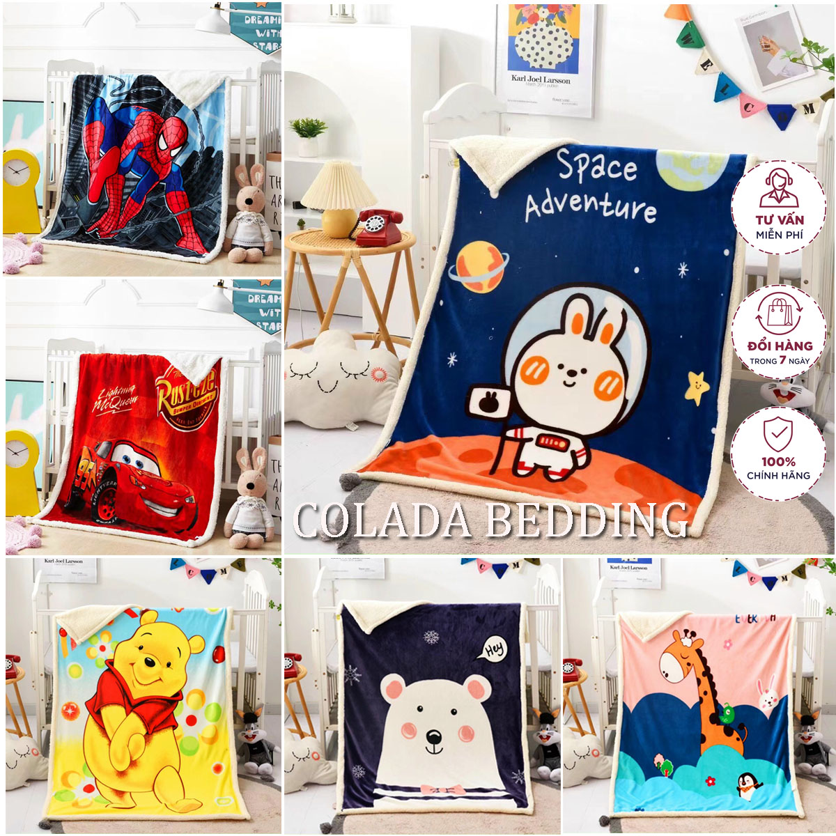 Chăn lông cừu trẻ em COLADABEDDING 2 lớp loại dày cho bé , chăn cho bé đi học đến trường