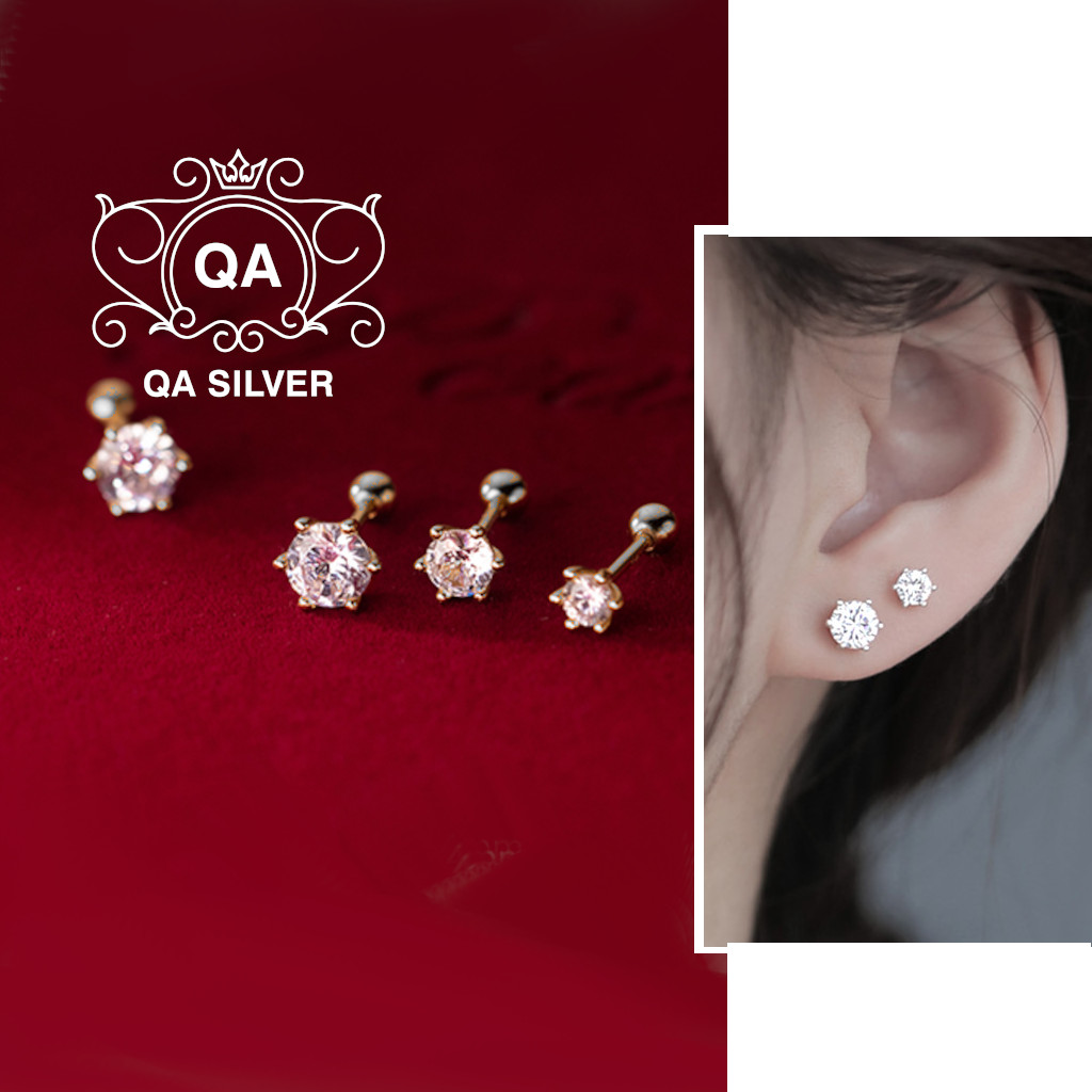 Khuyên tai bạc 925 hạt nụ đá 6 chấu chốt bi vặn bông nam nữ s925 minimal qa silver earrings ea231106