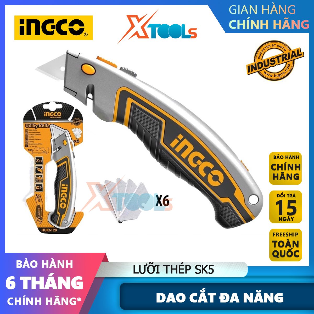 Dao cắt rọc đa năng ingco huk6128 lưỡi sk5, kích thước lưỡi dao: 61x19mm, kèm theo 5 lưỡi xtools