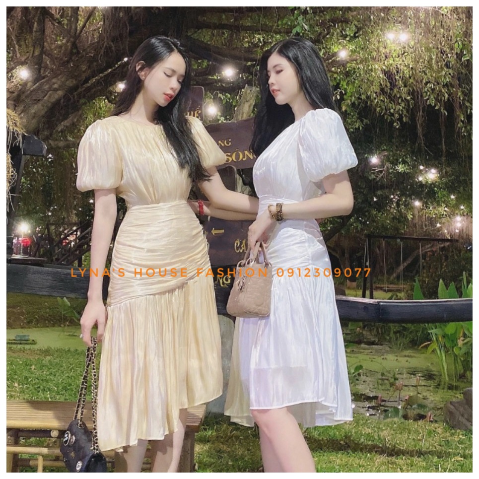 Đầm nữ váy tay phồng tiểu thư cổ tròn eo nhún xếp ly đuôi cá dự tiệc cưới, dạo phố