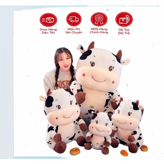 Gấu bông bò sữa ngồi, Gối ôm bò sữa ngồi, Bò sữa nhồi bông, Chẩt vải mềm mịn