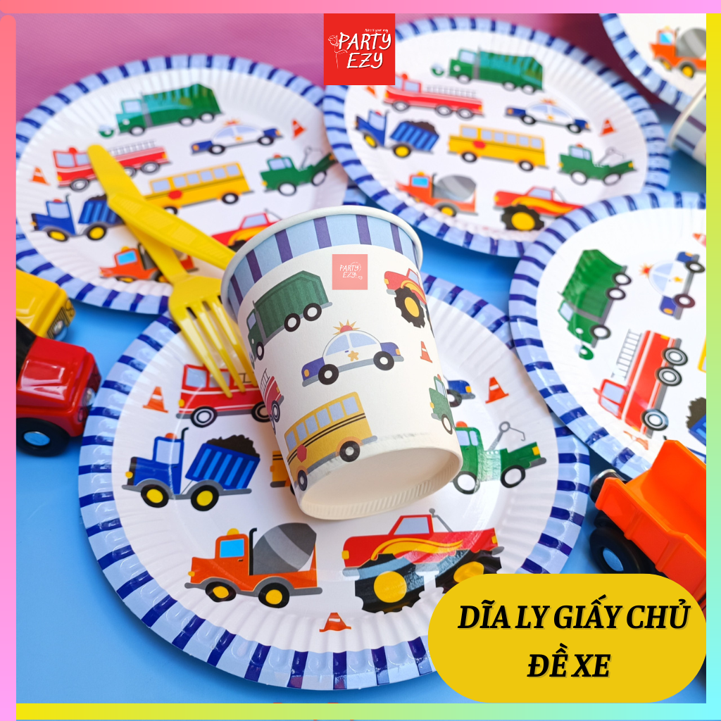 Set dĩa, ly giấy chủ đề xe cộ, xe hơi cho bé
