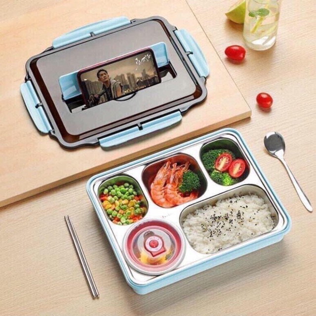 Hộp Đựng Cơm Trưa Chia Ngăn Tiện Lợi Bằng Inox 304 - Mua hộp đựng cơm - Có nắp khay xem điện thoại - Bảo hành uy tín 1 đổi 1 ( 24H )