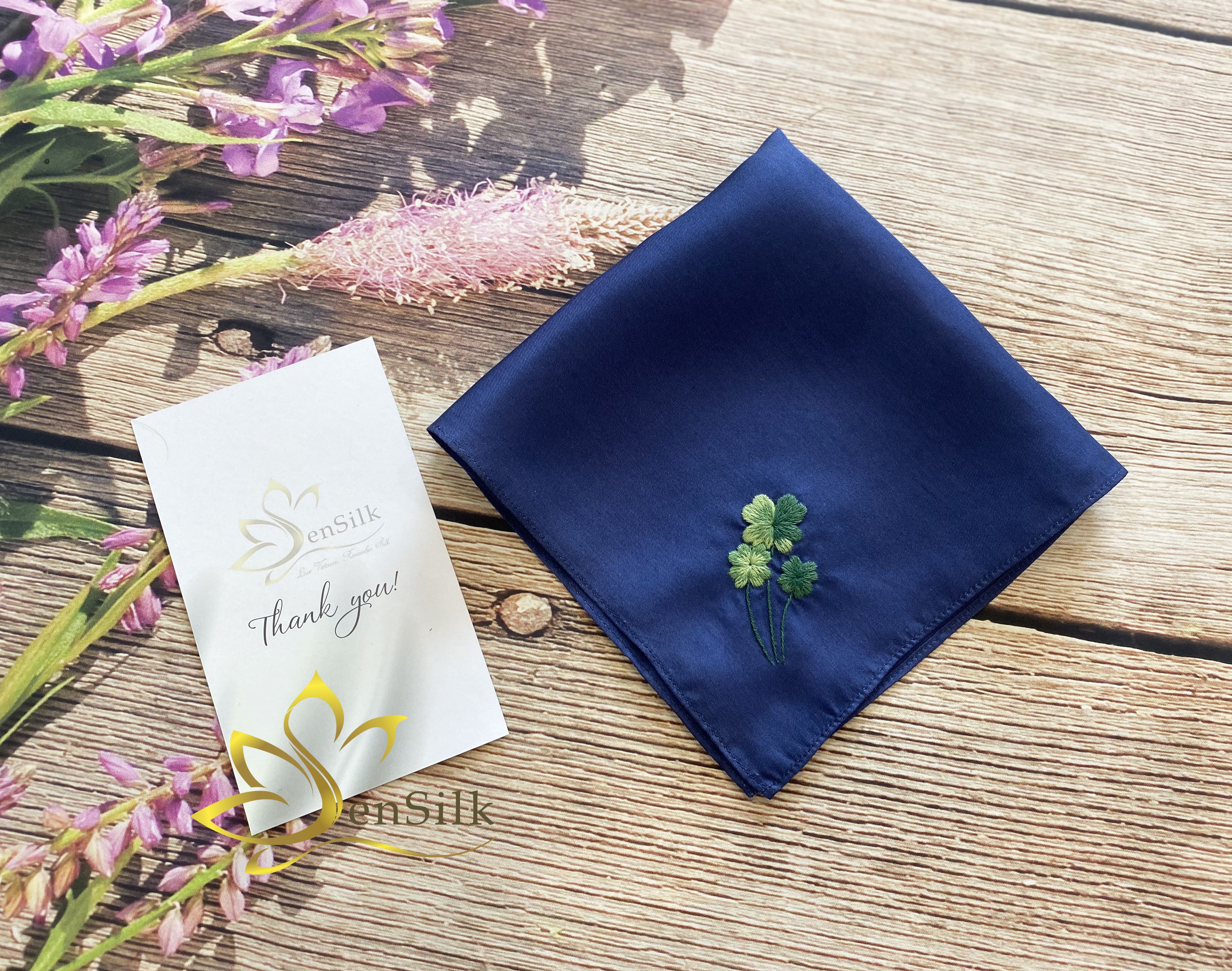 Khăn Lụa Thêu Cỏ 4 Lá SenSilk Quà Tặng May Mắn (Xanh), Khăn Tay Thêu, Khăn Lụa Vuông 35x35, Khăn Lụa Thêu Thủ Công, Tơ Lụa Việt Nam, Lụa Tơ Tằm, Handkerchief Silk Embroidery