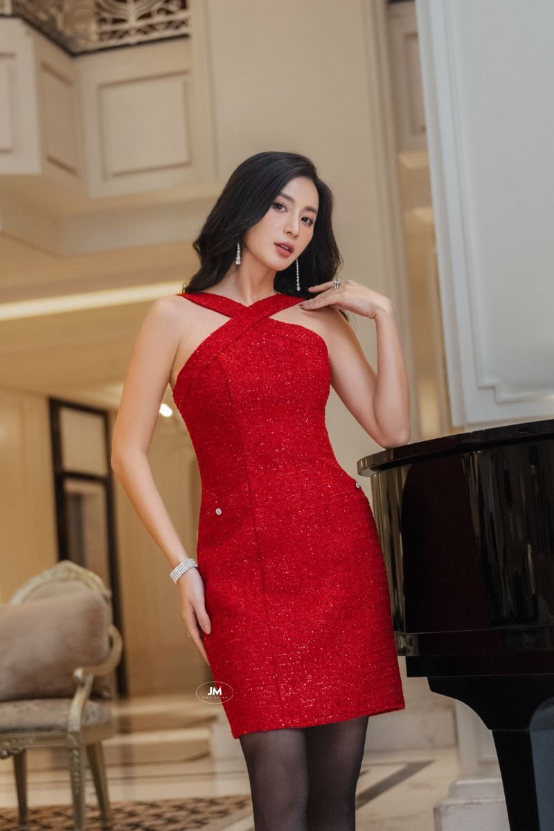 Jm dress desgin - đầm tweed cổ yếm dáng ôm 1f22.2210tw