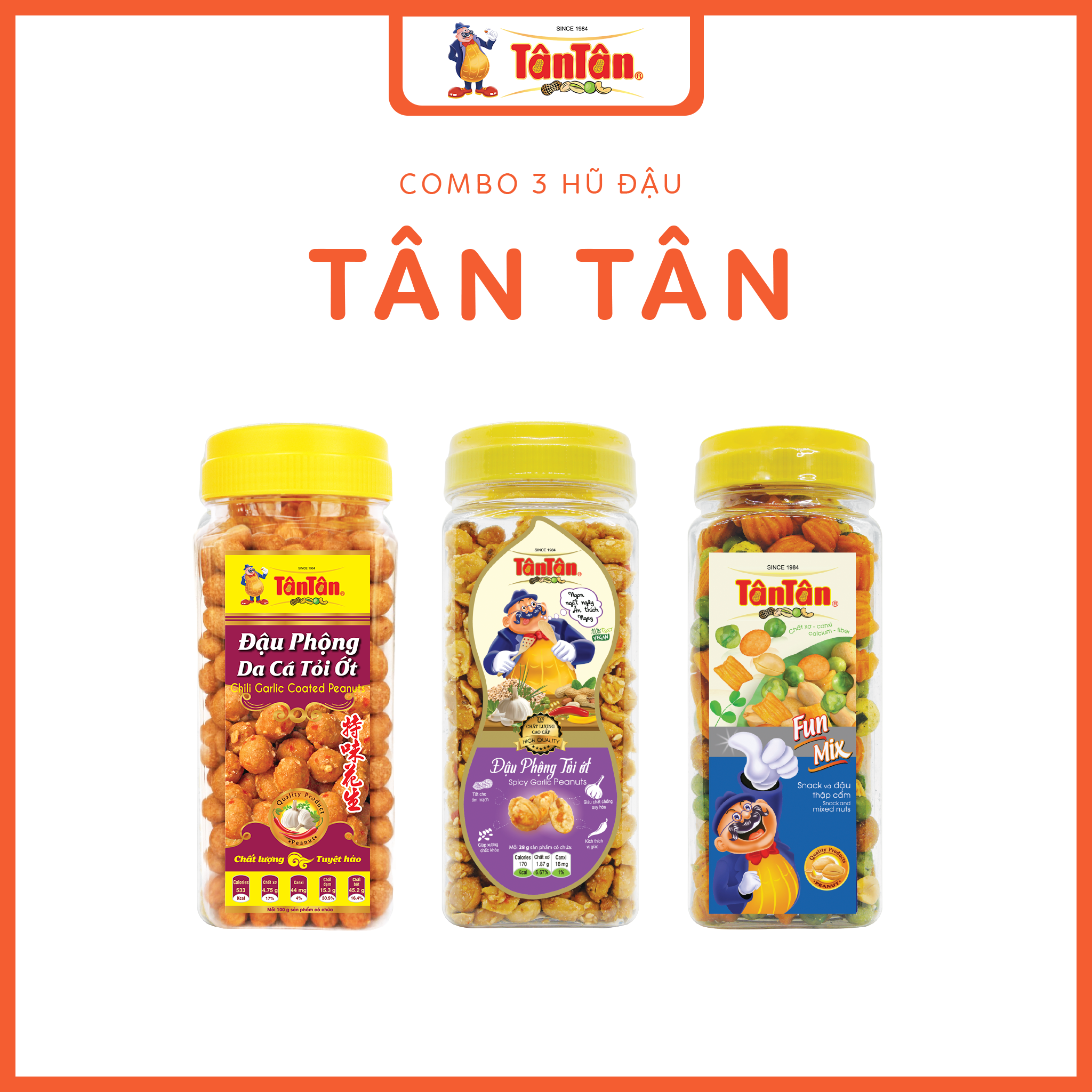 Combo 3 hũ đậu Tân Tân: Tỏi Ớt 260g, Da Cá Tỏi Ớt 240g, Fumix 200g