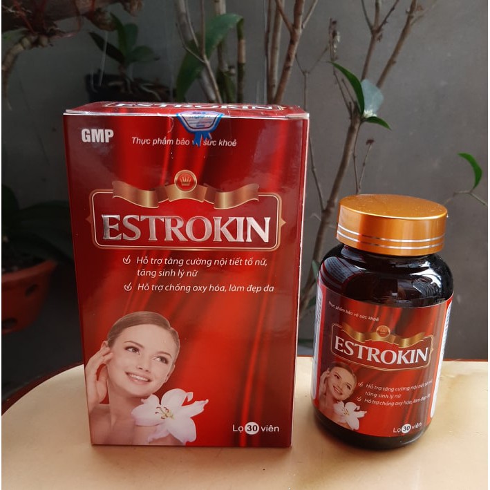 Estrokin - hỗ trợ Cân bằng nội tiết tố, sinh lý nữ - Lọ 30 viên từ Estrogen, vitamin E, Glutathione và collagen