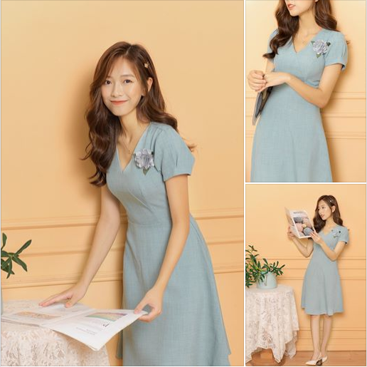 Đầm công sở, váy công sở thiêt kế cổ tim tay phồng kèm hoa cài ngực thanh lịch e1049