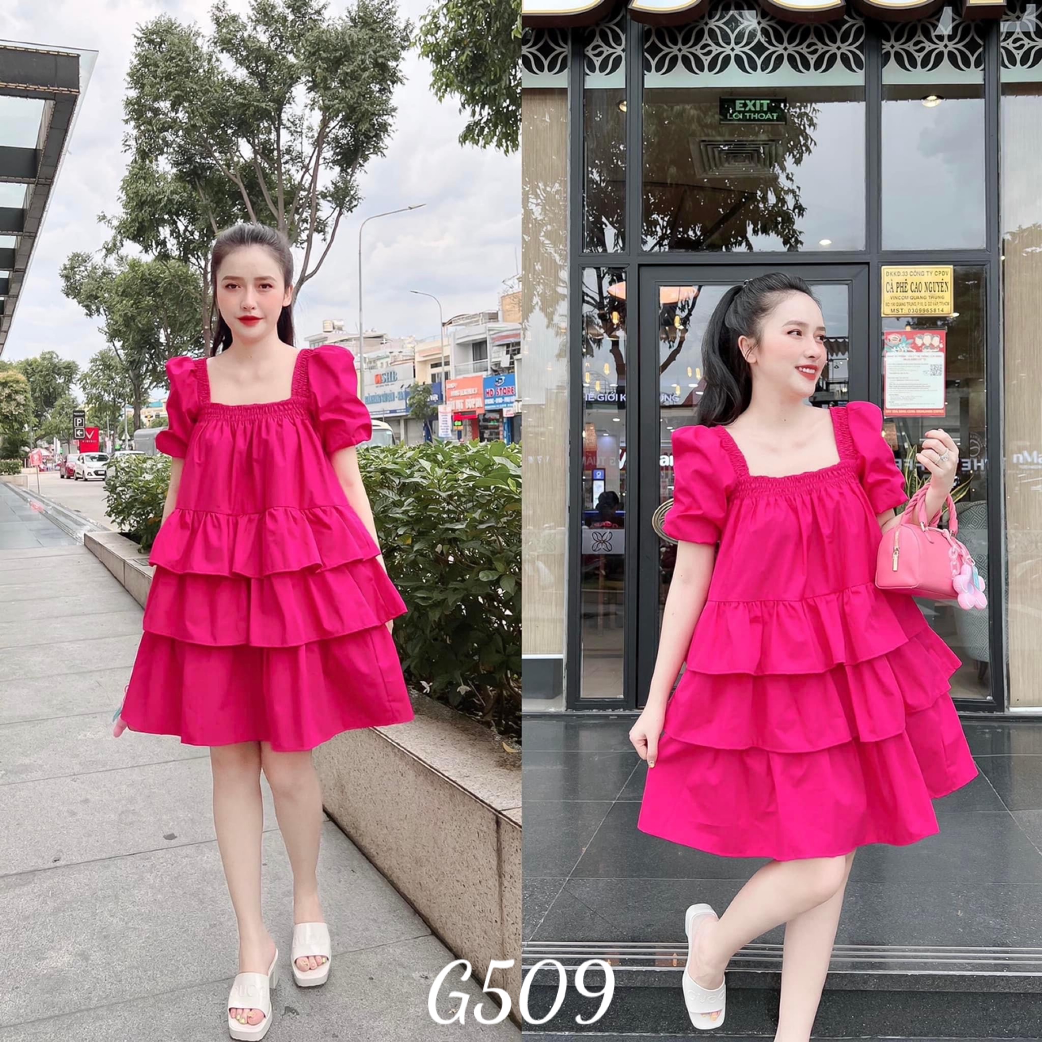 Đầm baby doll cổ vuông xếp tầng voan chingfon G509