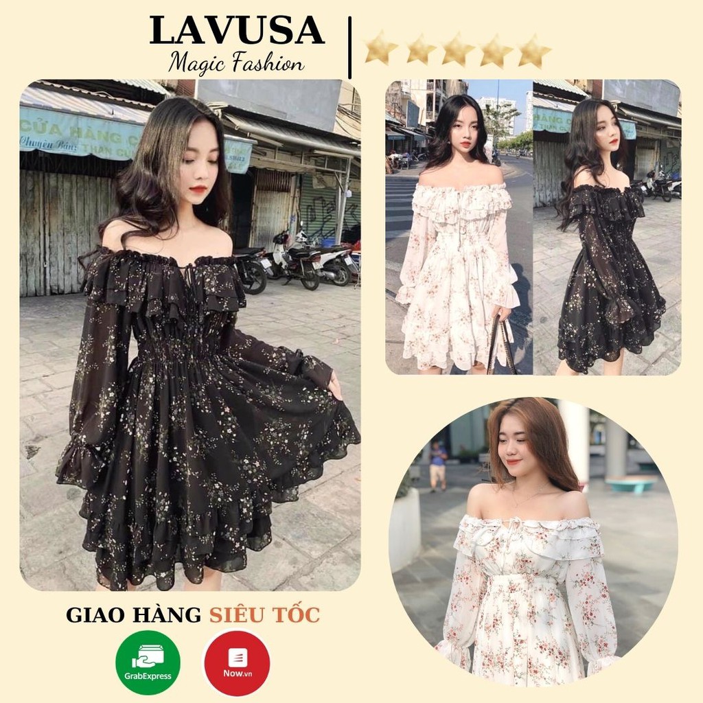 Đầm hoa nhí trễ vai phong cách ulzzang váy hoa vintage hai màu trắng, đen lavusa dx05