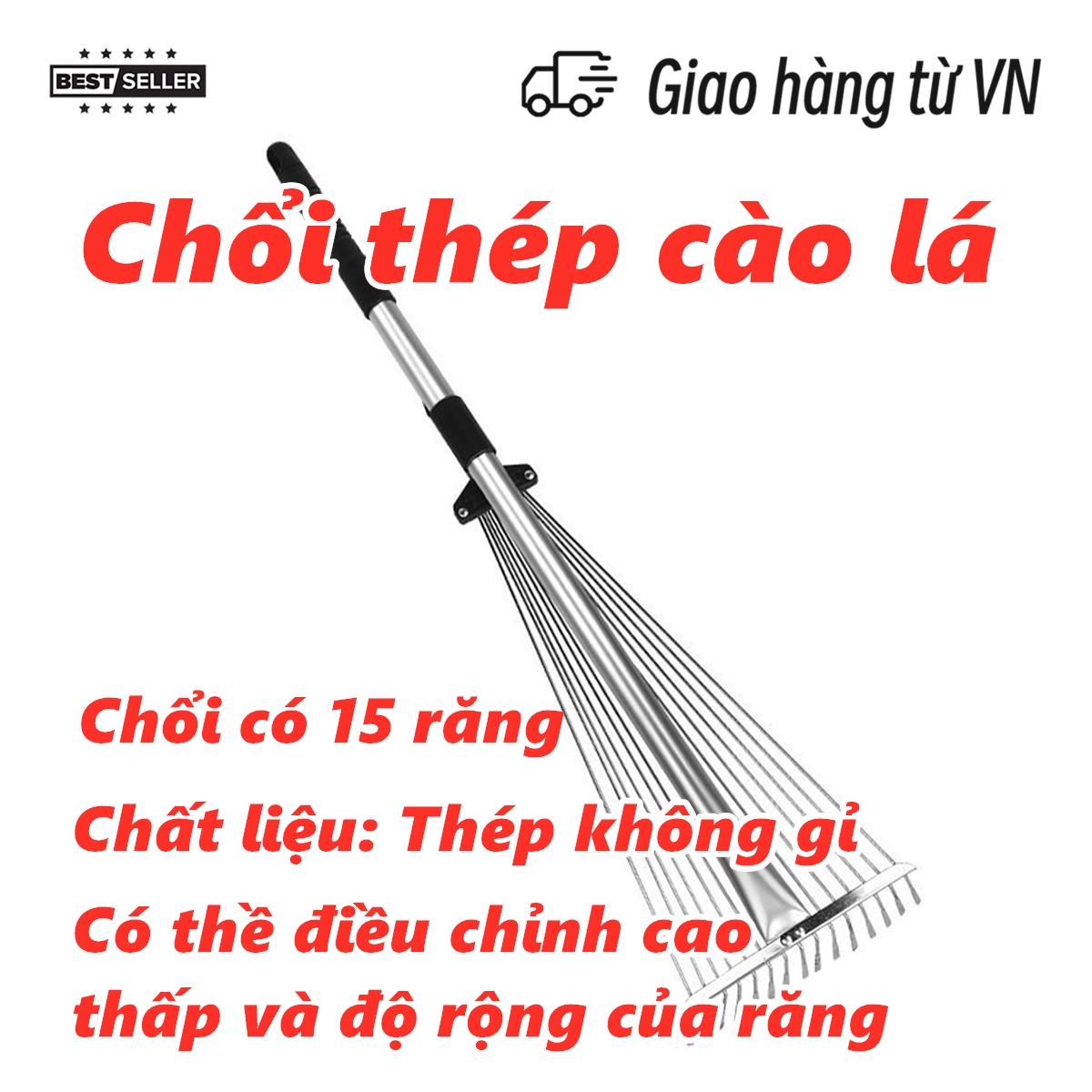 Cây cào cỏ, chổi thép cào lá làm vườn gấp gọn có 15 răng đa năng