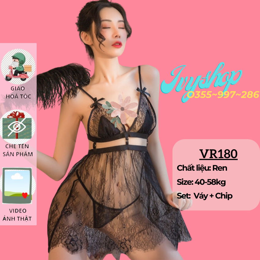 Váy Ngủ Sexy Hai Dây Dáng Xòe Chất Ren Xuyên Thấu, Đầm Ngủ Ren Gợi Cảm Chụp Ảnh Studio Siêu đẹp - Mã VR1800 - Màu đen, đỏ, trắng