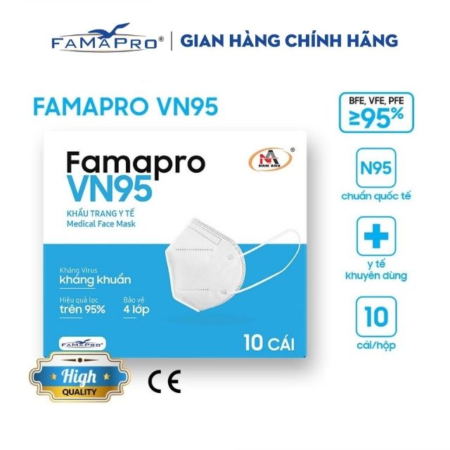 Khẩu trang y tế Famapro VN95 kháng khuẩn cao cấp -Hàng chính hãng (1 hộp/ 10 cái)