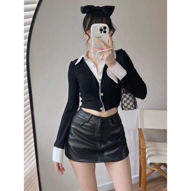 Áo sơ mi phối màu trắng đen cúc tim