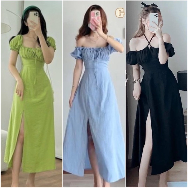 Đầm maxi xanh bơ nhún ngực tay bồng xẻ tà ktgimi