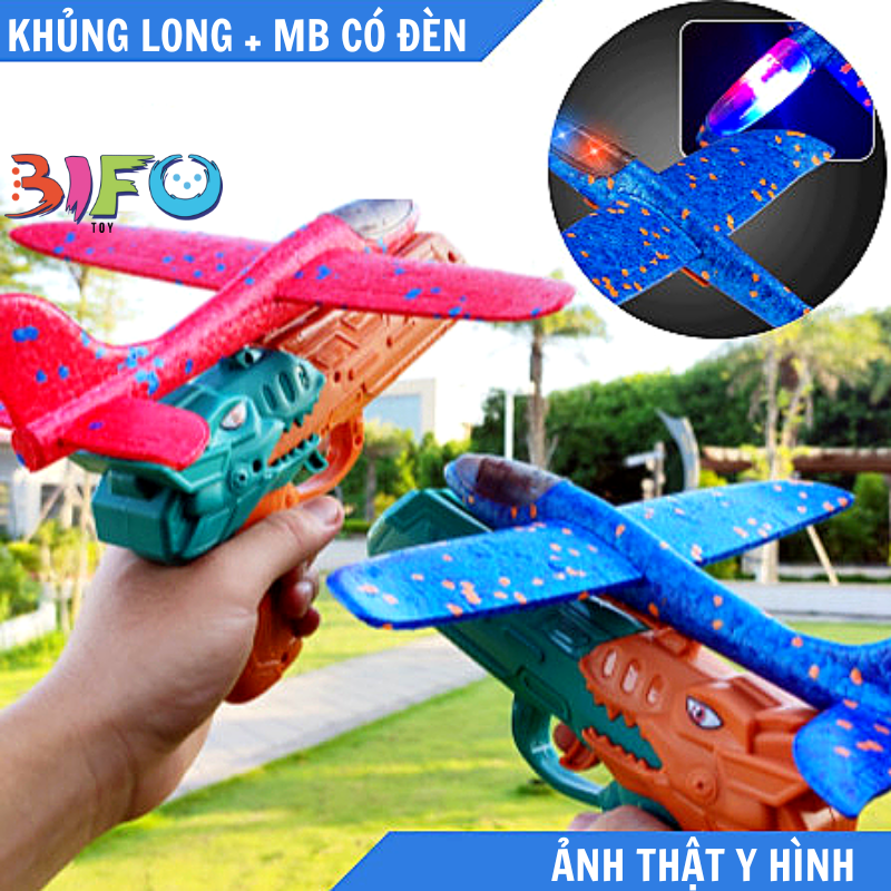 Đồ chơi phóng máy bay xốp khủng long, máy bay có đèn sáng phóng tầm xa bay lượn trên không cho bé vui chơi ngoài trời