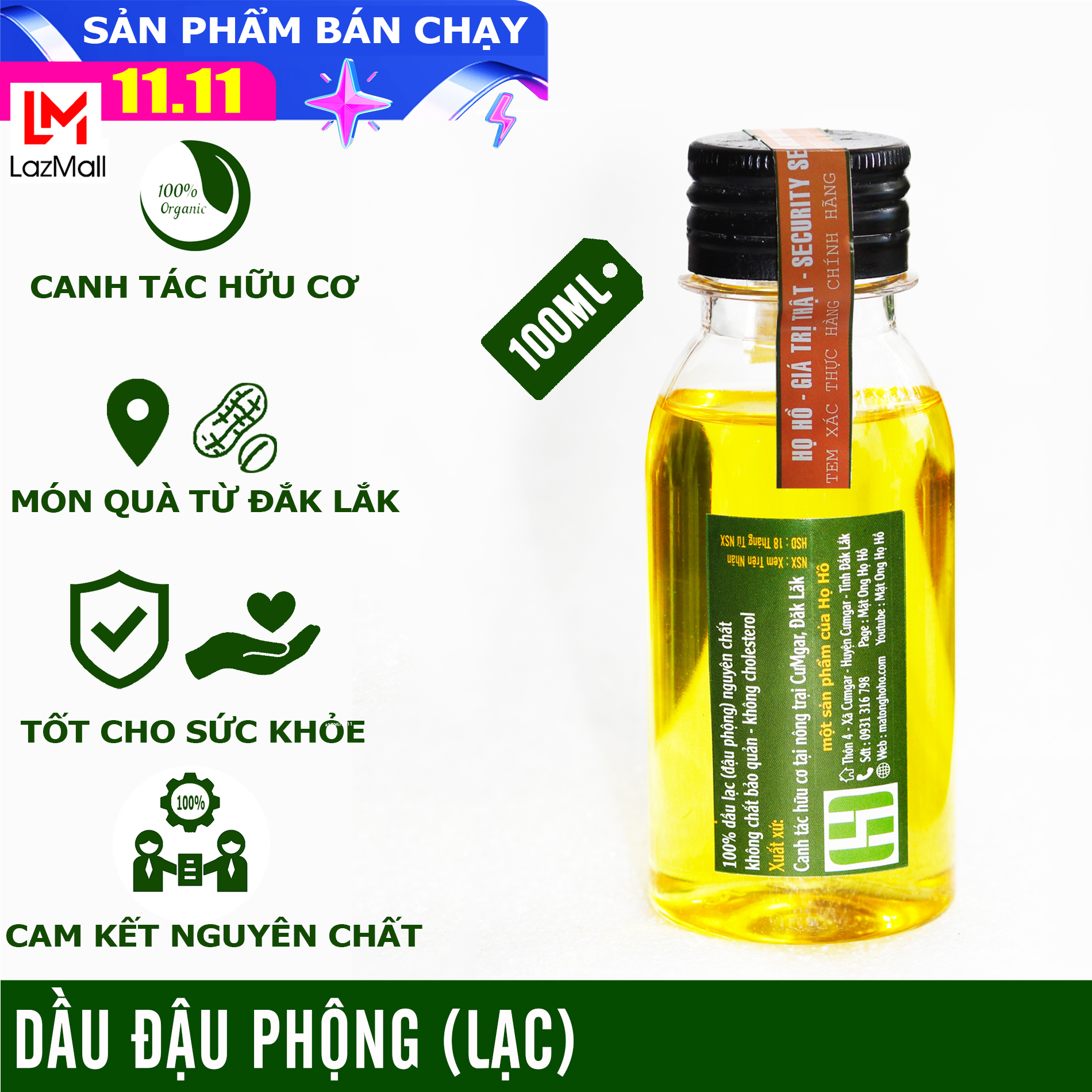 [Dầu ăn cho sức khỏe] Dầu Đậu Phộng Nguyên Chất 100% chai dùng thử 100ml, sản phẩm canh tác hữu cơ tự nhiên- giá trị thật - Dầu Lạc HỌ HỒ