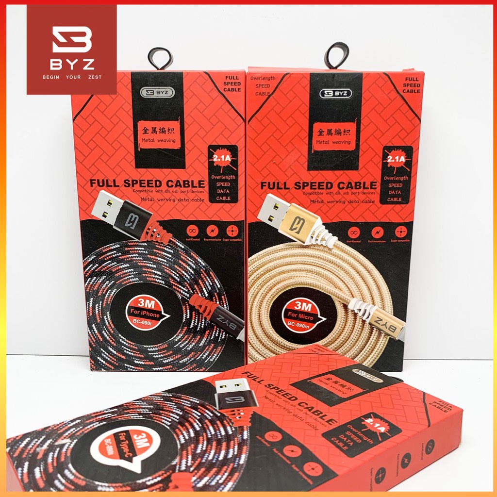 Cáp dây dù siêu dài 3m chính hãng byz hỗ trợ sạc nhanh dành cho cổng lightning/micro/type-c