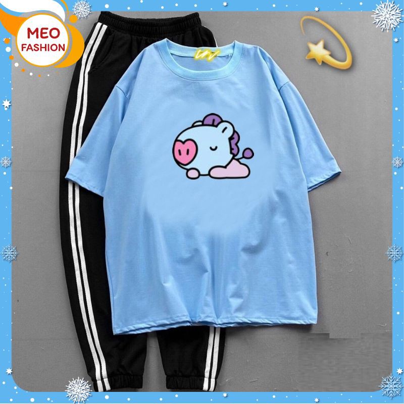 [HAN HAN SHOP 305] Sét Bộ Đồ Nữ Xinh Cute, Áo Thun Phông Cotton Organic Ngắn Tay Cổ Tròn In Ngựa Nằm+Quần Thun Sọc Bo Gấu