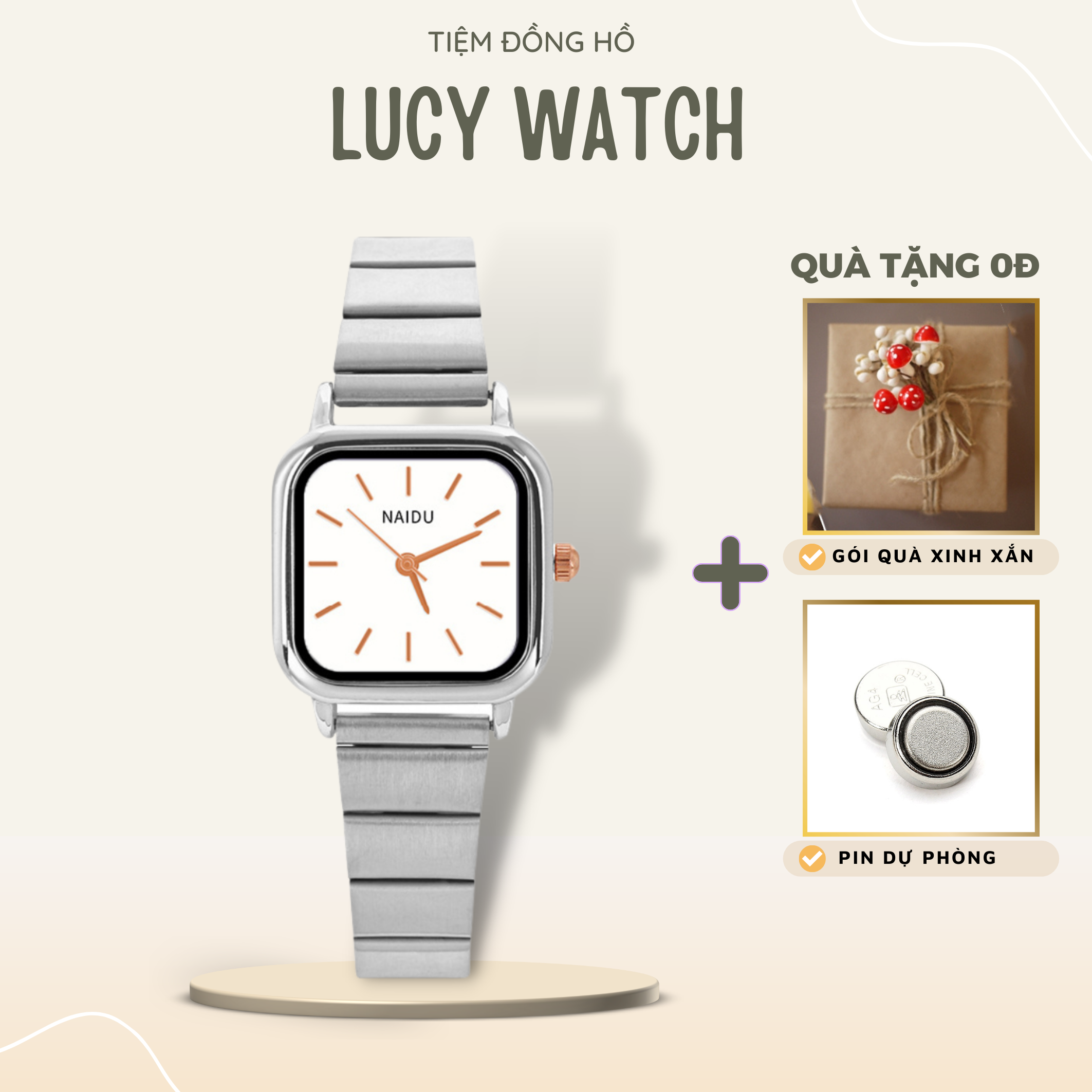 Đồng hồ nữ mặt vuông 26mm naidu đẹp giá rẻ dây kim loại chống nước 3atm lucy watches dh18