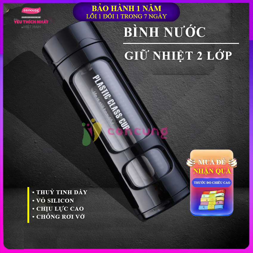 Bình nước thủy tinh cao cấp 360ml - Bình thủy tinh 2 lớp bọc nhựa cao cấp