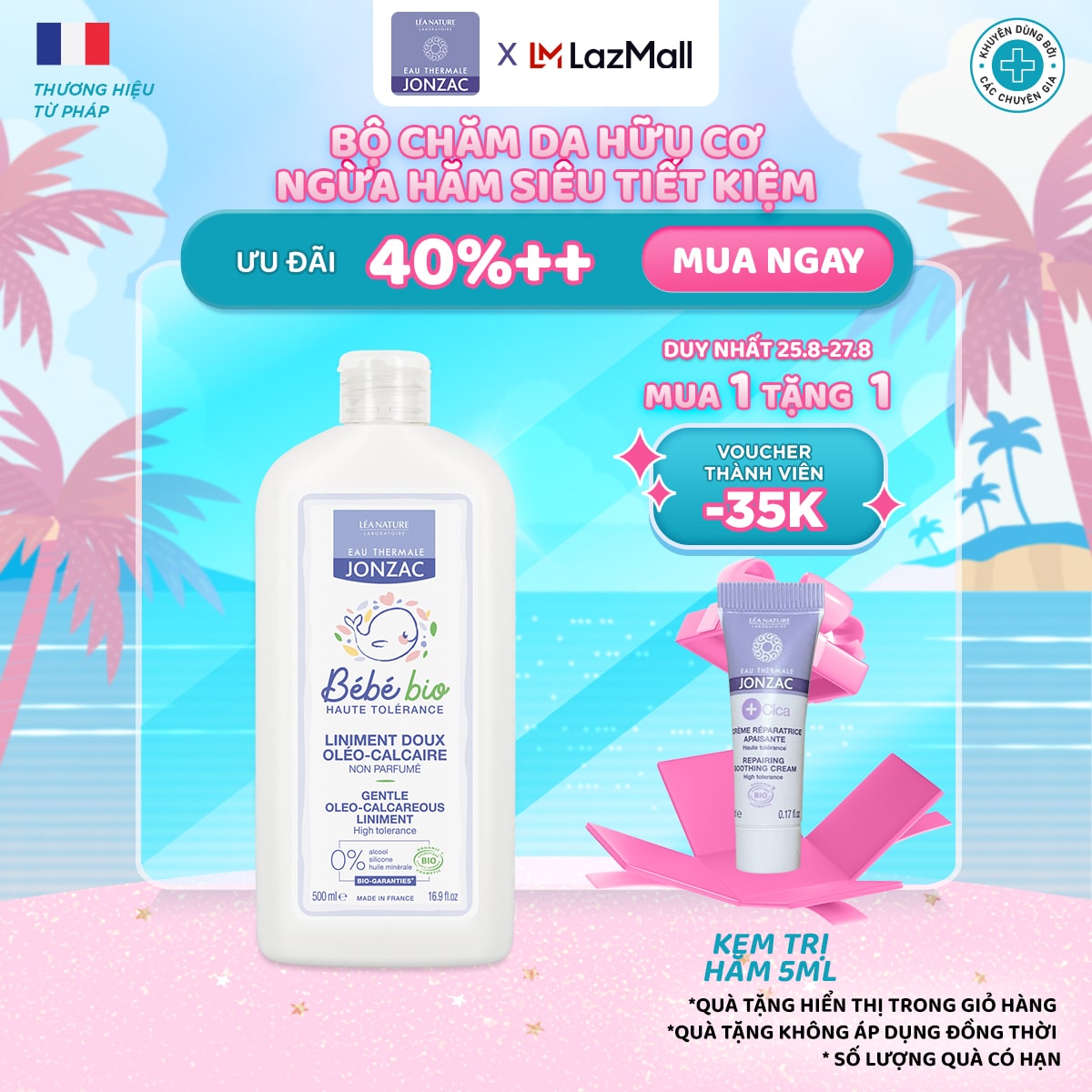 Dung dịch vệ sinh chống hăm tã hữu cơ eau thermale jonzac - giữ ẩm làm mềm nuôi dưỡng làn da bé