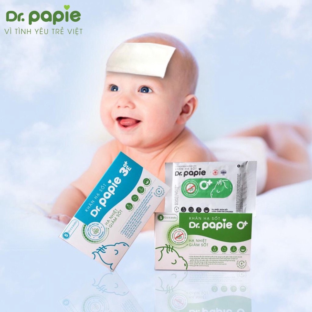 Hộp 5 gói khăn lau  Dr Papie, khăn chườm hạ sốt cho bé yêu độ tuổi 0+, 3+