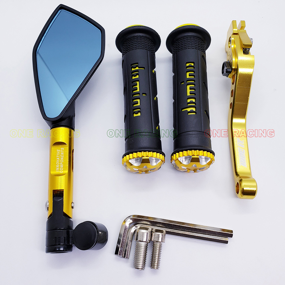 [COMBO 3 MÓN] Bao tay xe máy domino, gương chiếu hậu xe máy 5 cạnh rizoma, tay thắng tay phanh xe wave, winner, sirius, exciter, màu vàng, ONE RACING