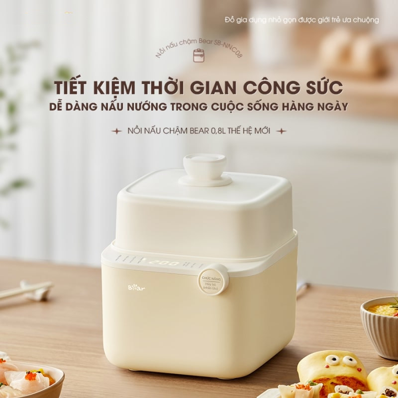 Nồi nấu chậm bear sb-nnc08 dung tích 0.8l menu tiếng việt, bảo hành 18 tháng