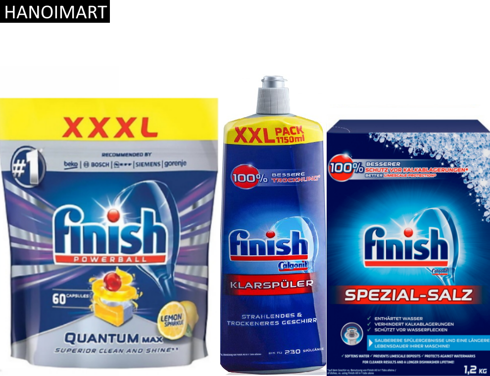 Combo Viên Finish Quantum 60 tabs + muối finish 1.2kg + bóng finish 1150ml chuyên dùng cho máy rửa bát